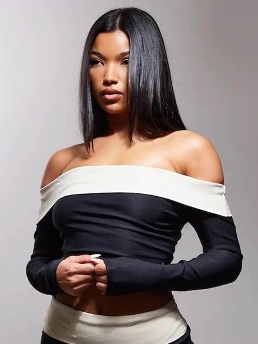 PrettyLittleThing Off-Shoulder Crop Top in Black and Cream